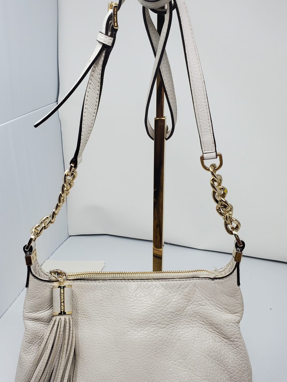 Women's White Michael Kors Leather Crossbody Bag with Gold Chain Accent
